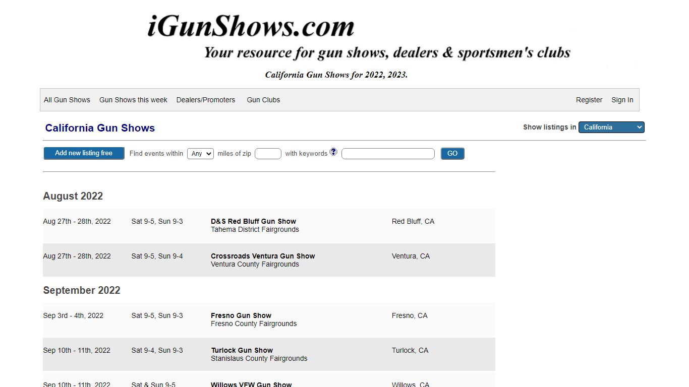 California gun shows • 2022, 2023 list of gun shows in California